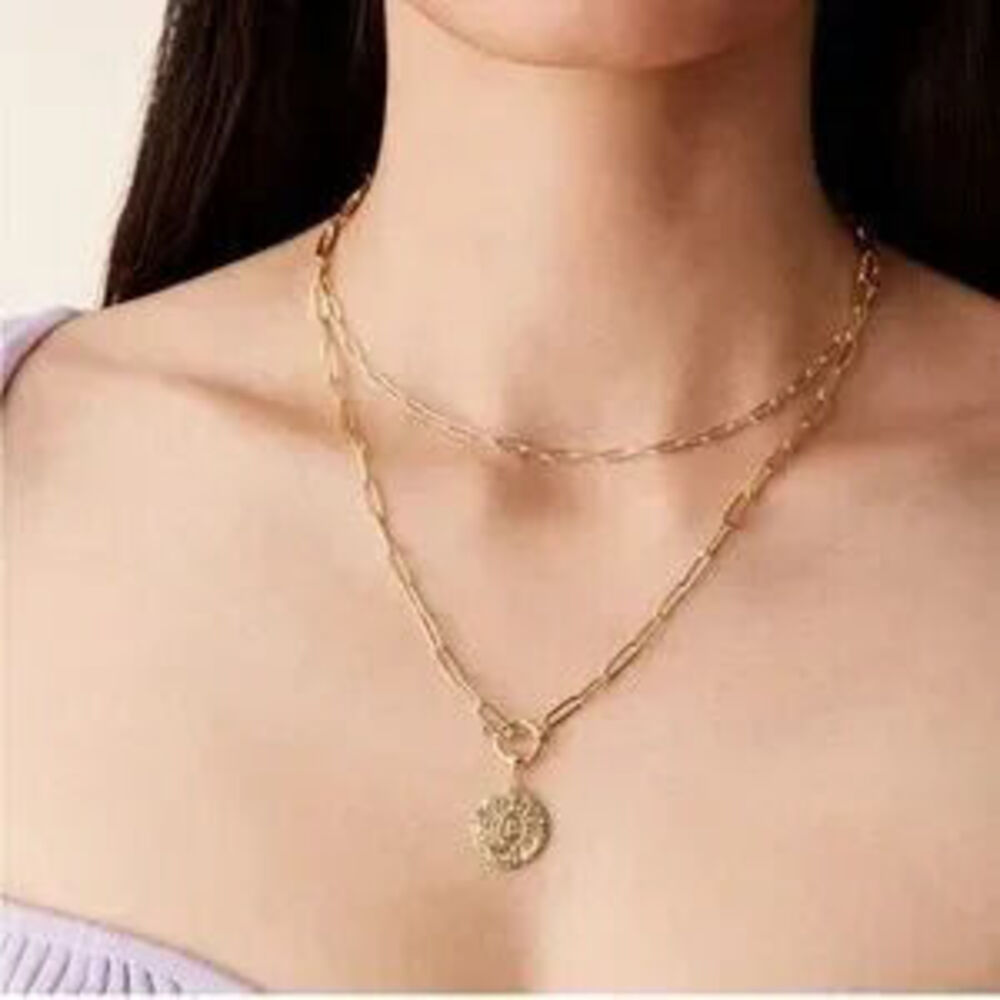 Gold 14k Gold Plated Textured Pendant Disc Layered Necklace - Picture 1 of 2